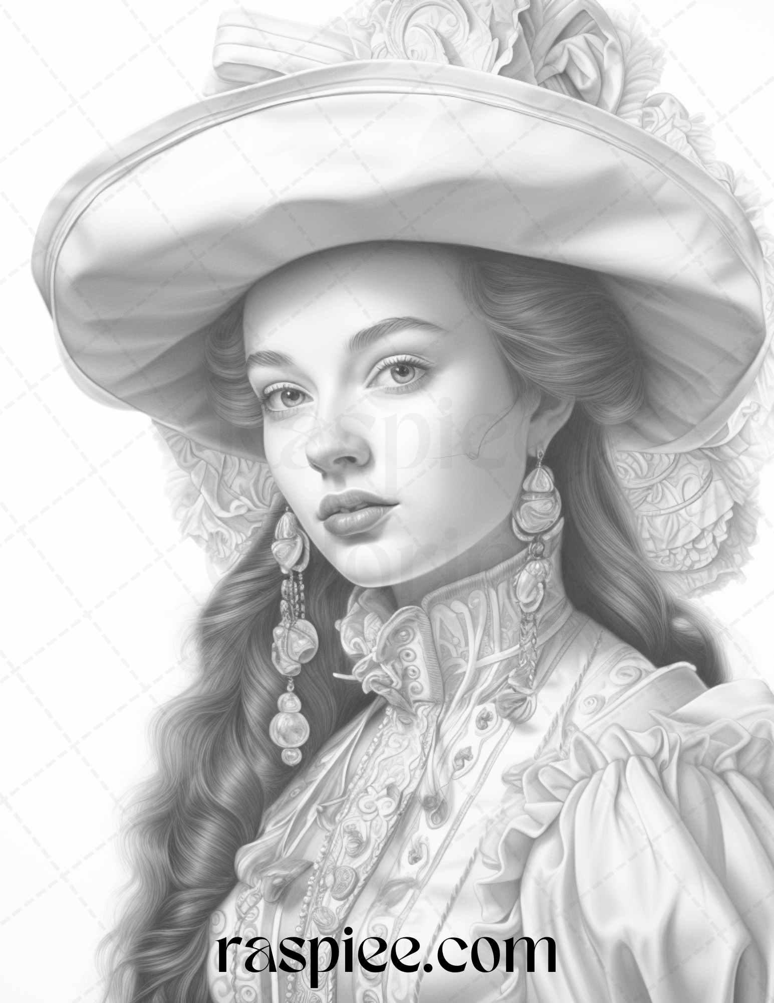 40 Baroque Women Portrait Grayscale Adult Coloring Pages Printable, PDF File Instant Download