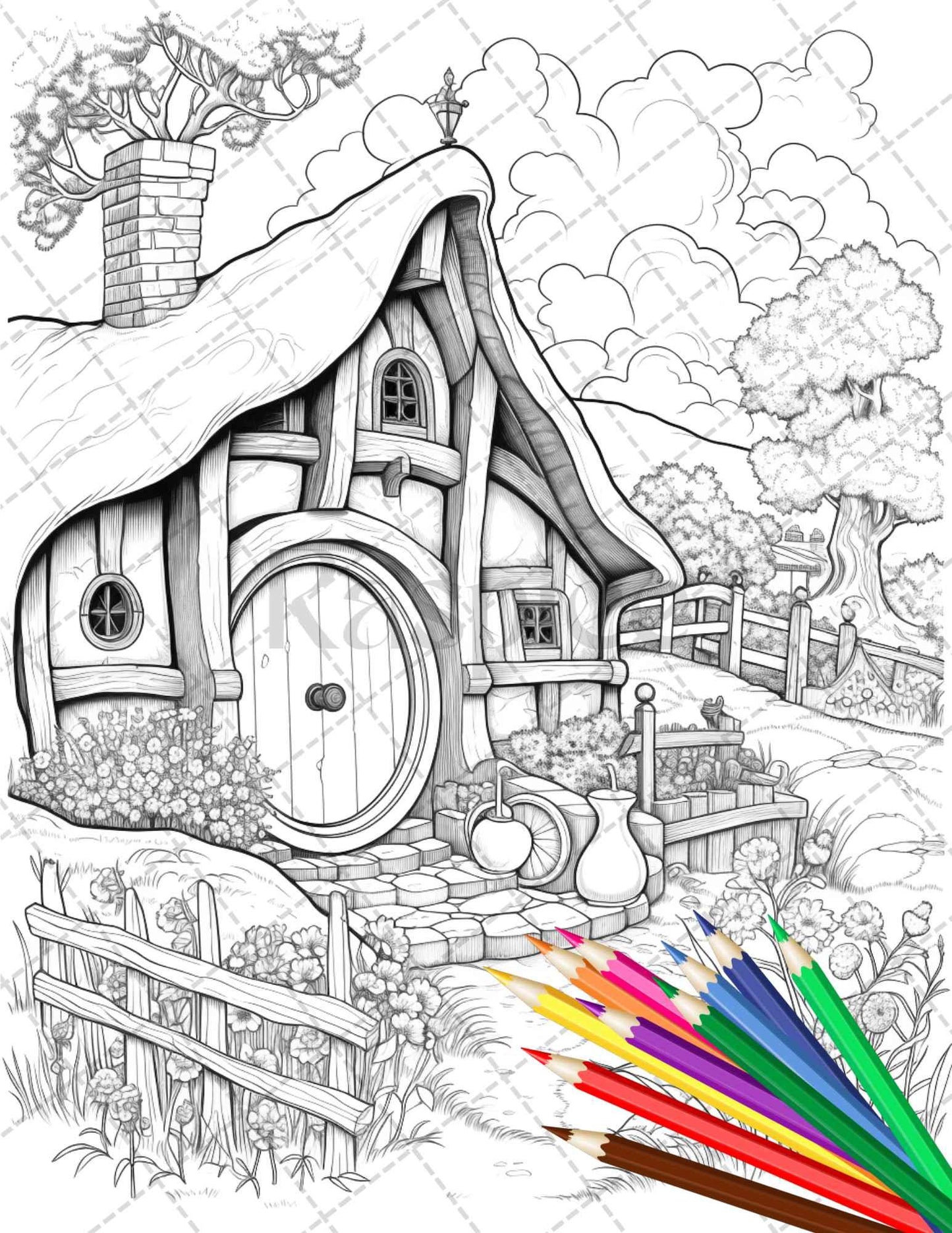 43 Enchanted Hobbiton Houses Grayscale Coloring Pages Printable for Adults, PDF File Instant Download