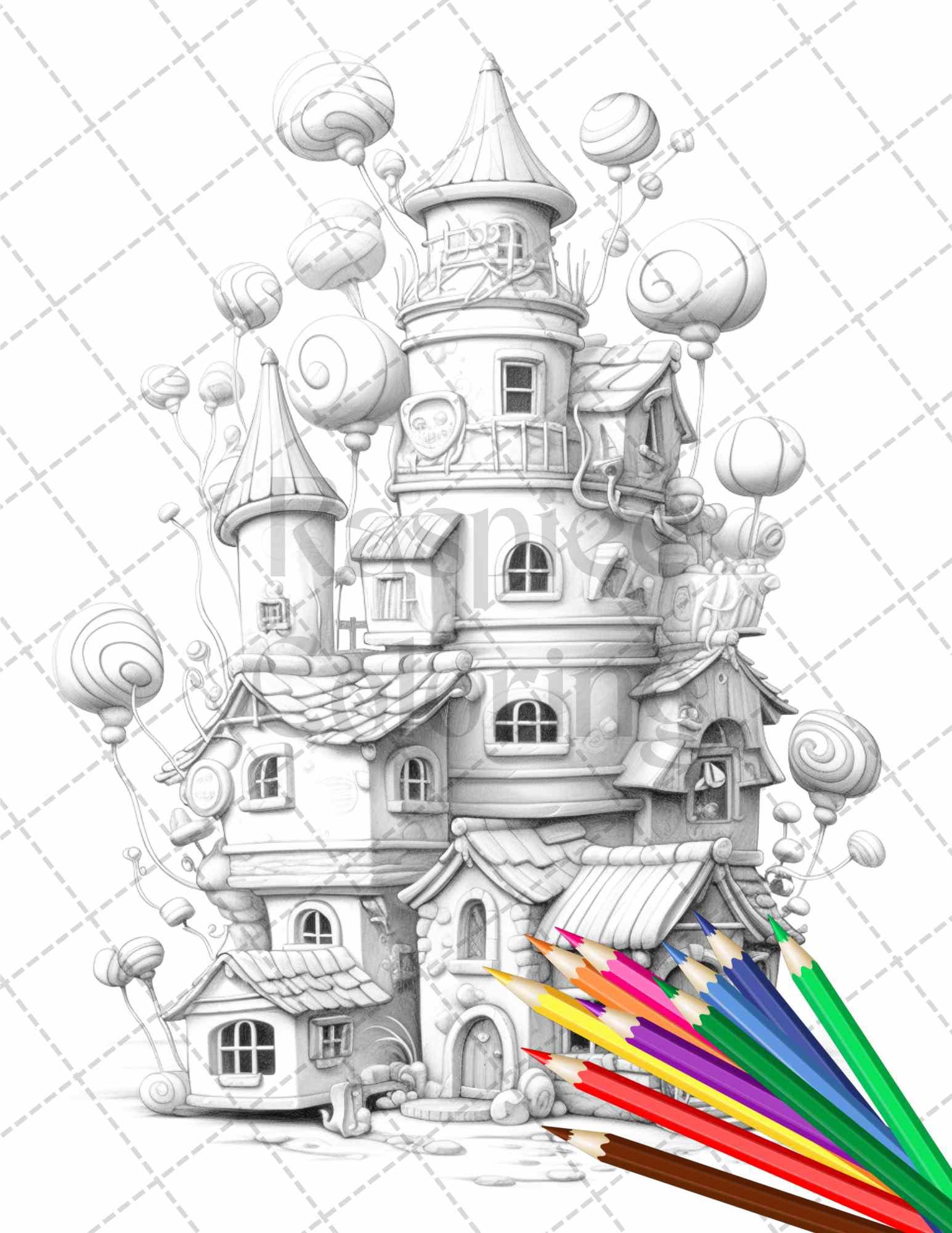 50 Adorable Cake Houses Grayscale Coloring Pages Printable for Adults and Kids, PDF File Instant Download