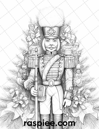 40 Christmas Nutcrackers Grayscale Coloring Pages for Adults, Printable PDF File Instant Download