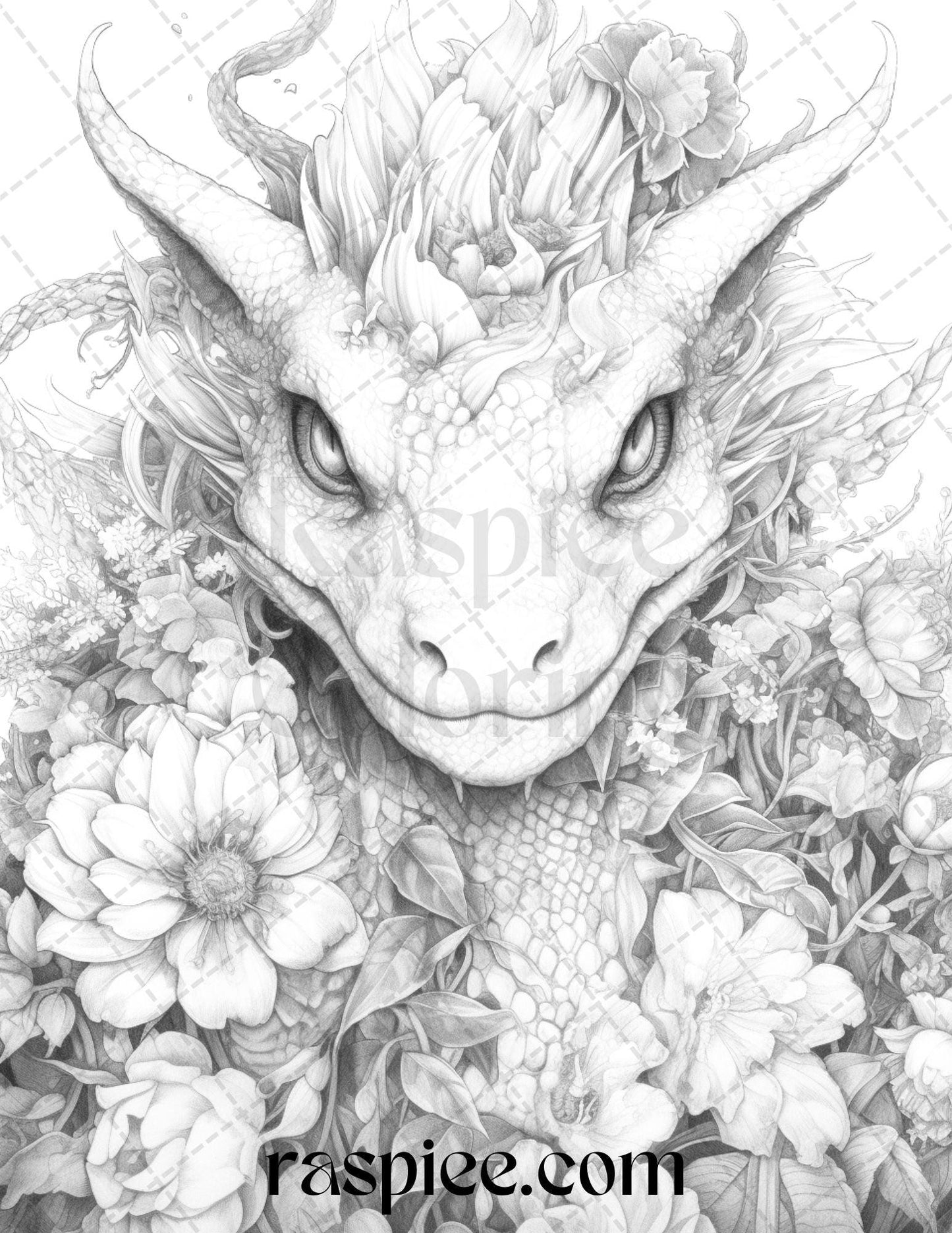 40 Flower Dragon Grayscale Coloring Pages Printable for Adults, PDF File Instant Download