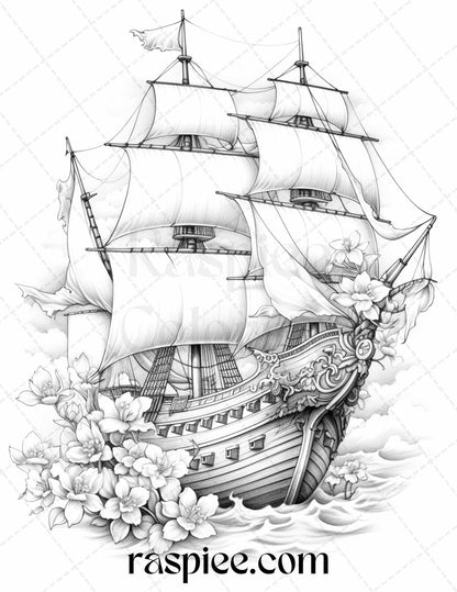 44 Flower Ships Graysale Coloring Pages Printable for Adults, PDF File Instant Download