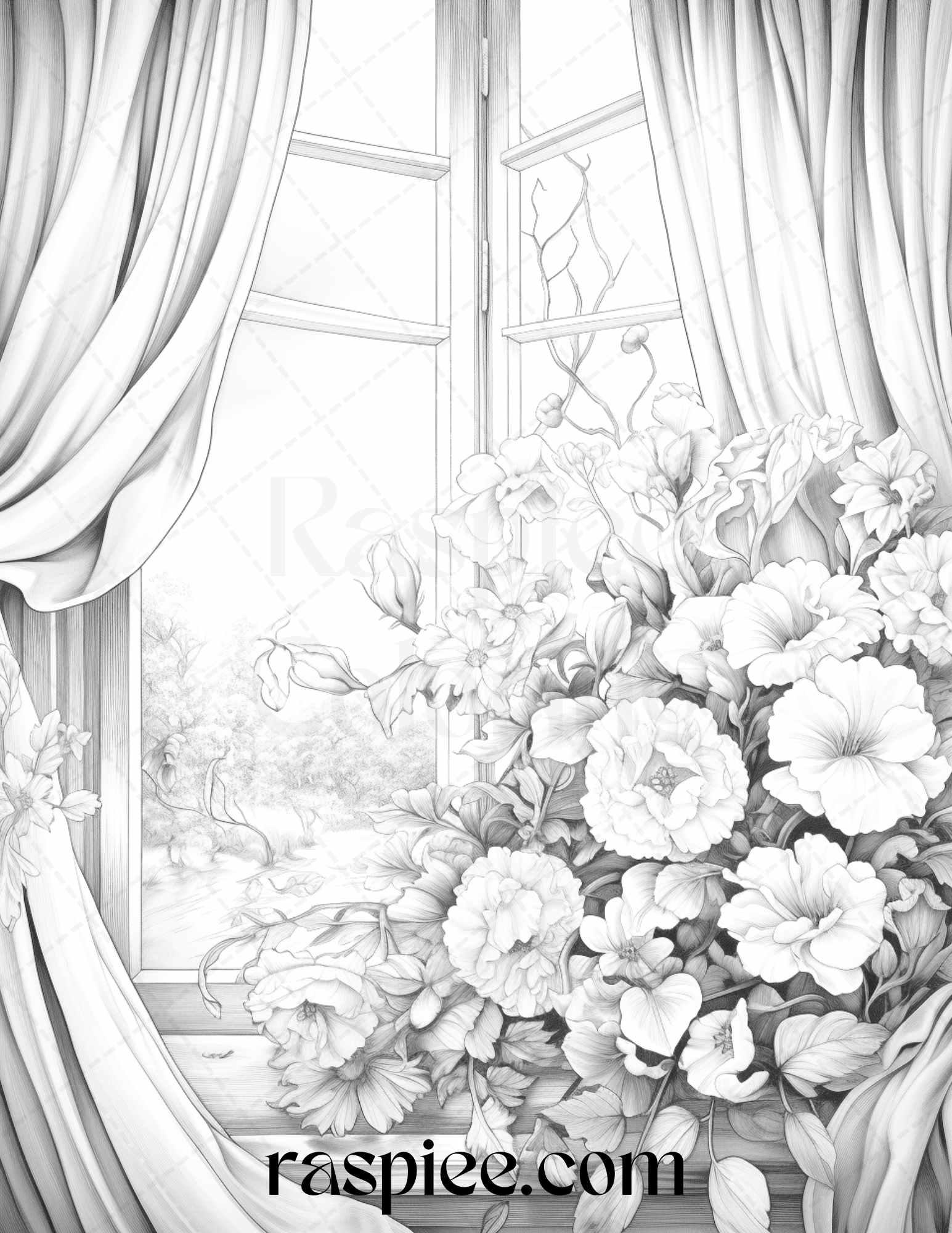 50 Blooming Windows Grayscale Coloring Pages Printable for Adults, PDF File Instant Download