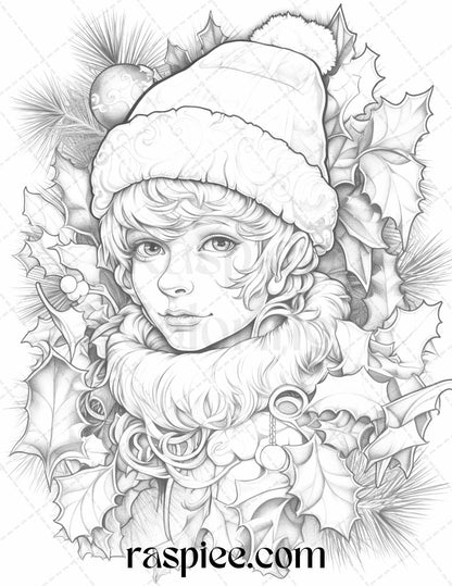 110 Christmas Elves Grayscale Coloring Pages Printable for Adults Kids, PDF File Instant Download