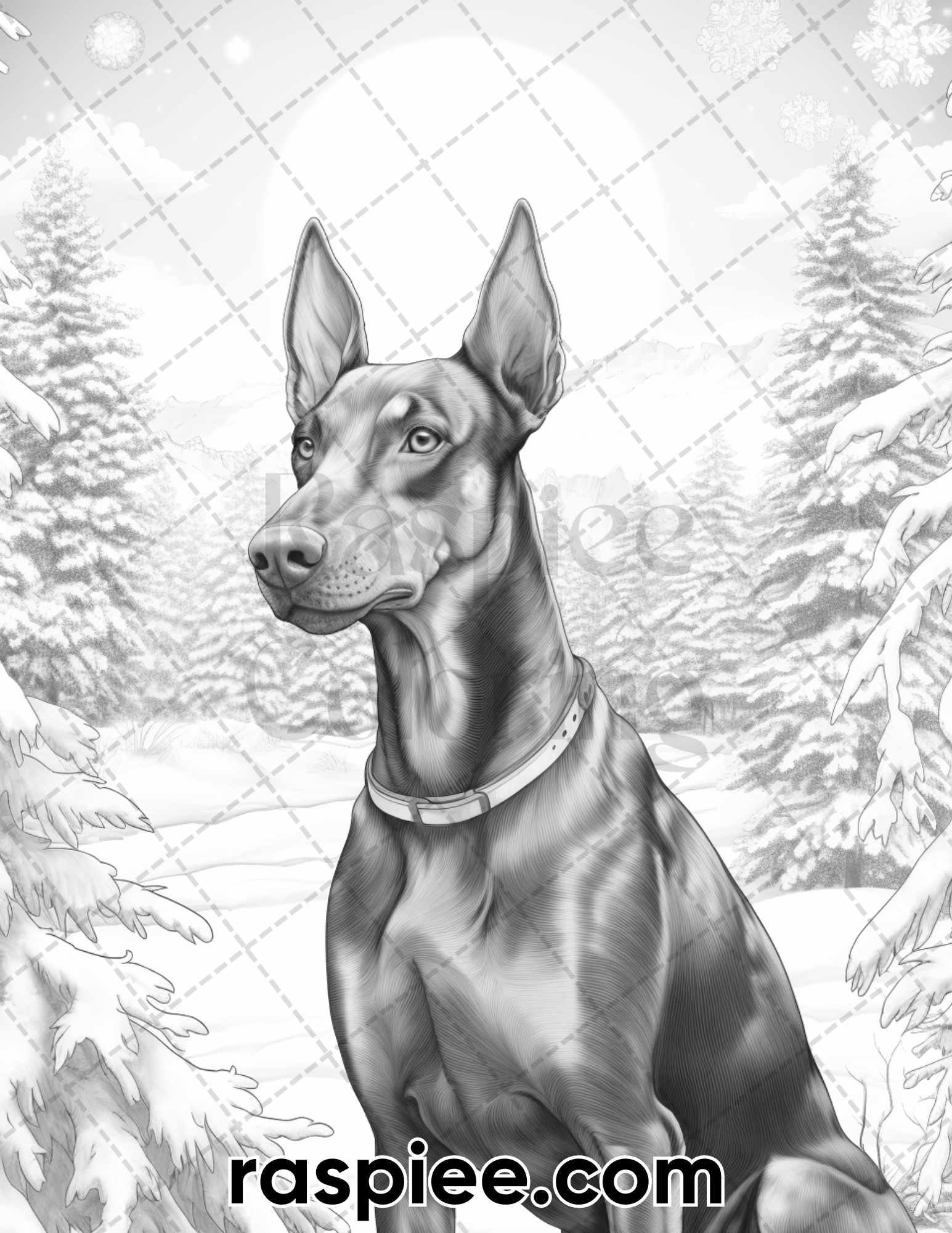 45 Christmas Dogs Grayscale Coloring Pages for Adults, Printable PDF Instant Download