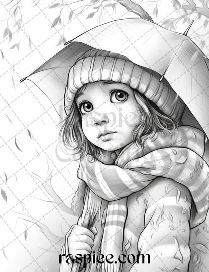 40 Rainy Autumn Day Grayscale Coloring Pages Printable for Adults and Kids, PDF File Instant Download