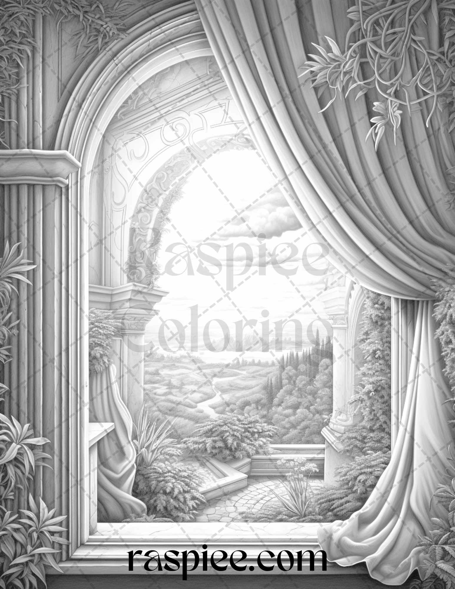 40 Window to Fantasy Worlds Grayscale Coloring Pages Printable for Adults, PDF File Instant Download