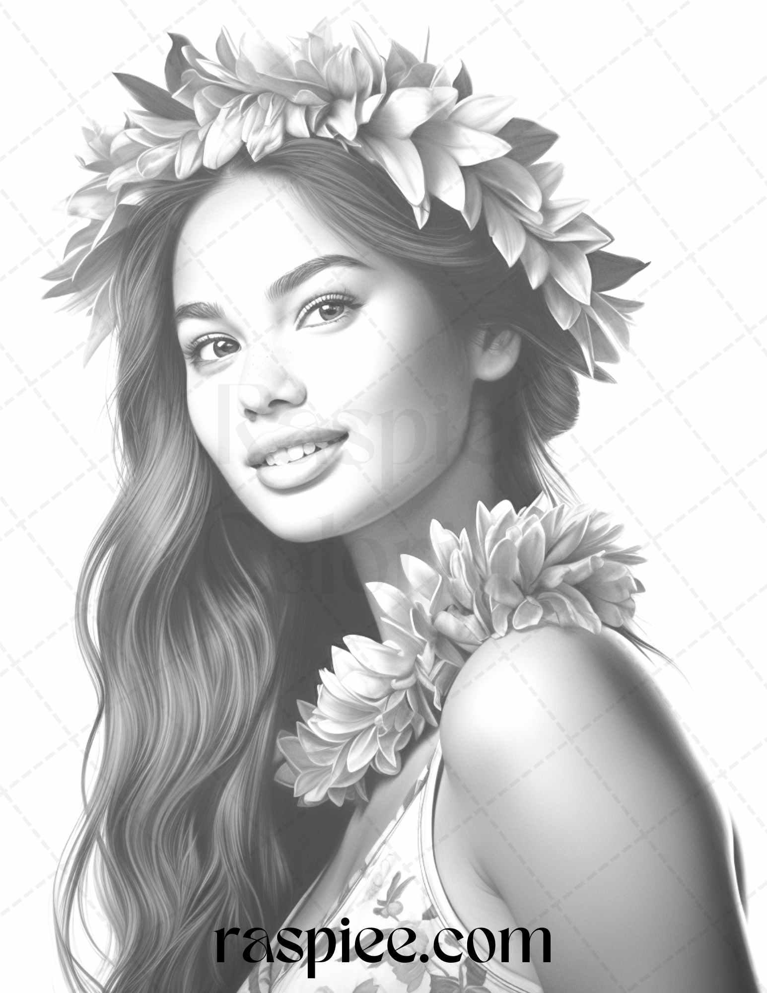 40 Hawaiian Girls Grayscale Coloring Pages Printable for Adults, PDF File Instant Download