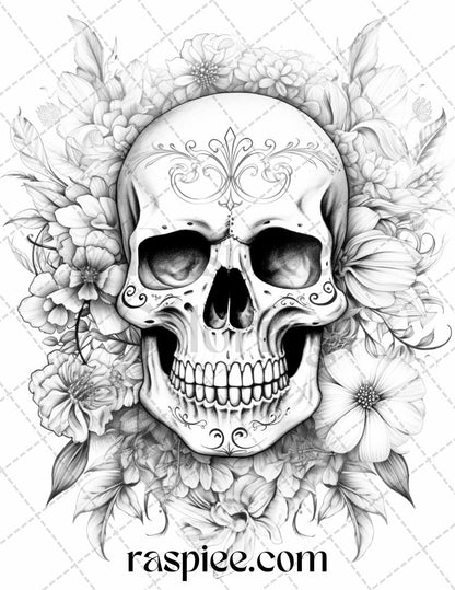 42 Floral Skull Grayscale Coloring Pages for Adults, Stress Relief Coloring Sheets, Printable PDF File Instant Download