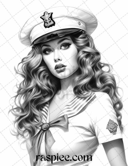 40 Sailor Pin Up Girls Grayscale Coloring Pages Printable for Adults, PDF File Instant Download