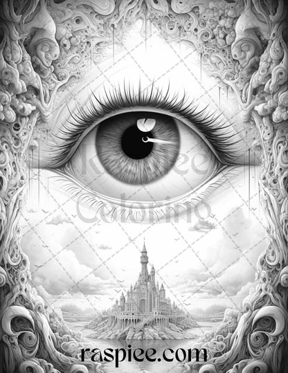 40 Surrealism Eyes Grayscale Coloring Pages Printable for Adults, PDF File Instant Download