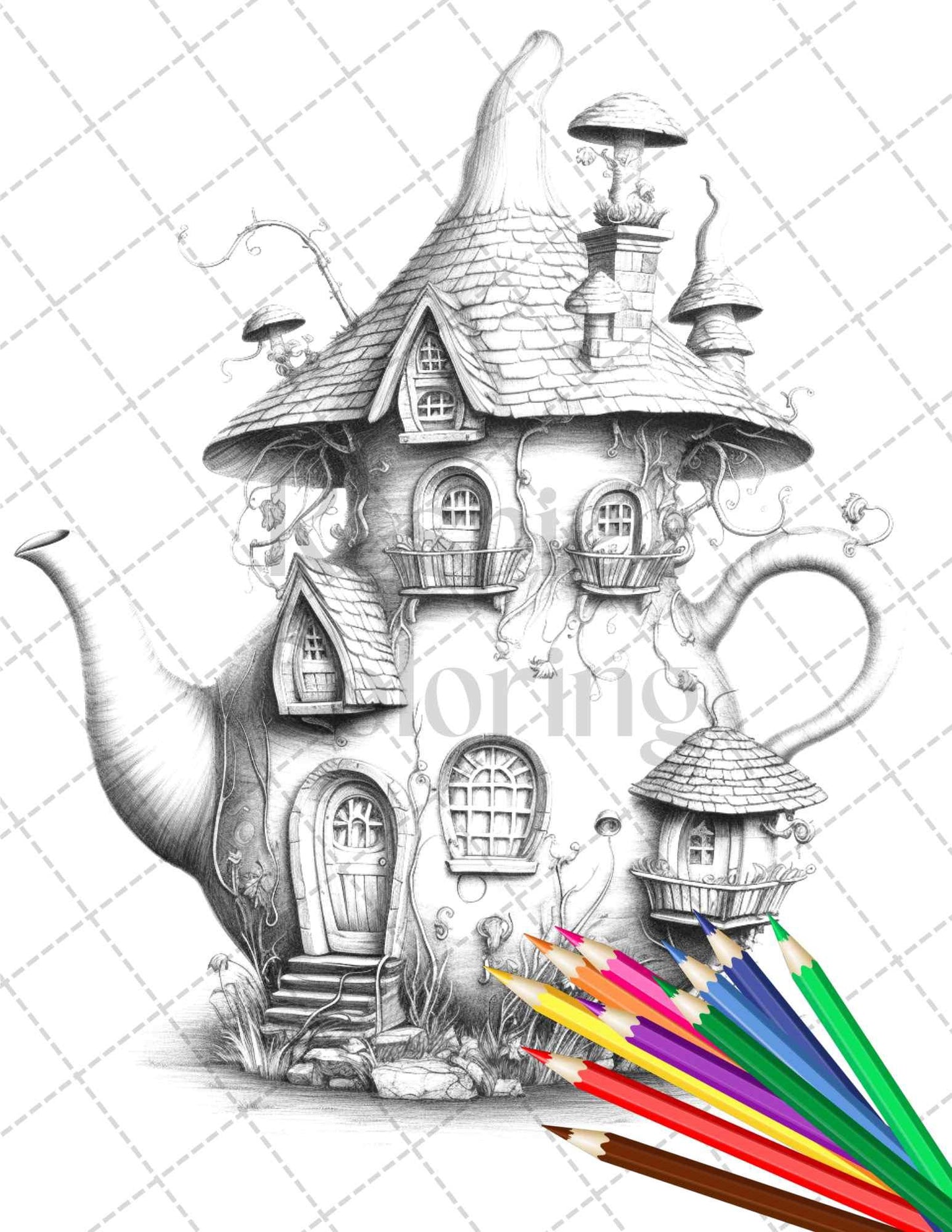 40 Teapot Fairy Houses Grayscale Coloring Pages Printable for Adults, PDF File Instant Download