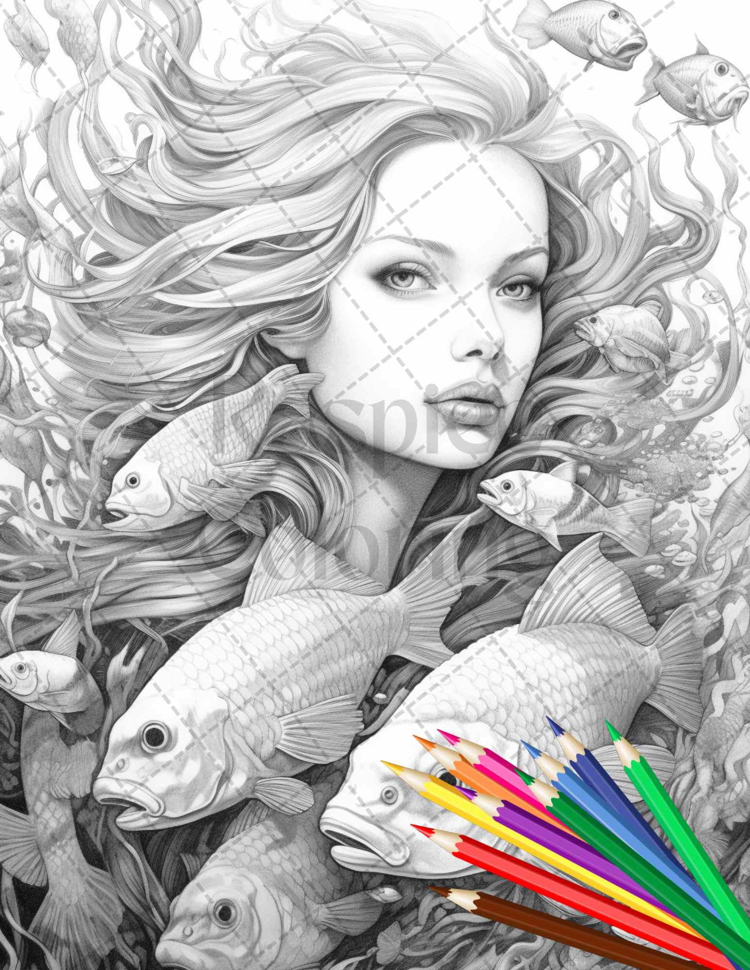 40 Enchanted Mermaid Grayscale Coloring Pages Printable for Adults, PDF File Instant Download