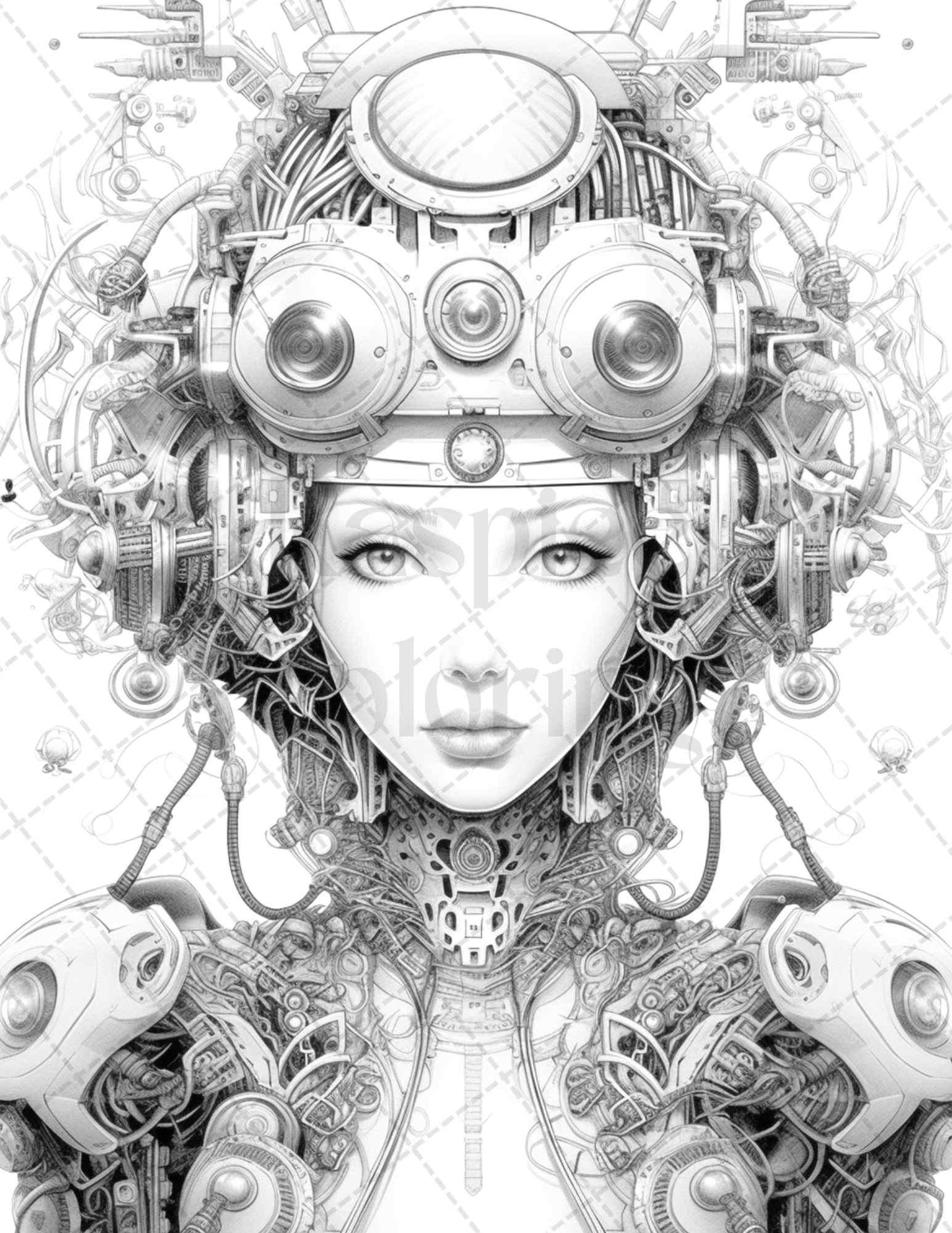 40 Beautiful Cyborg Girls Grayscale Coloring Pages Printable for Adults, PDF File Instant Download