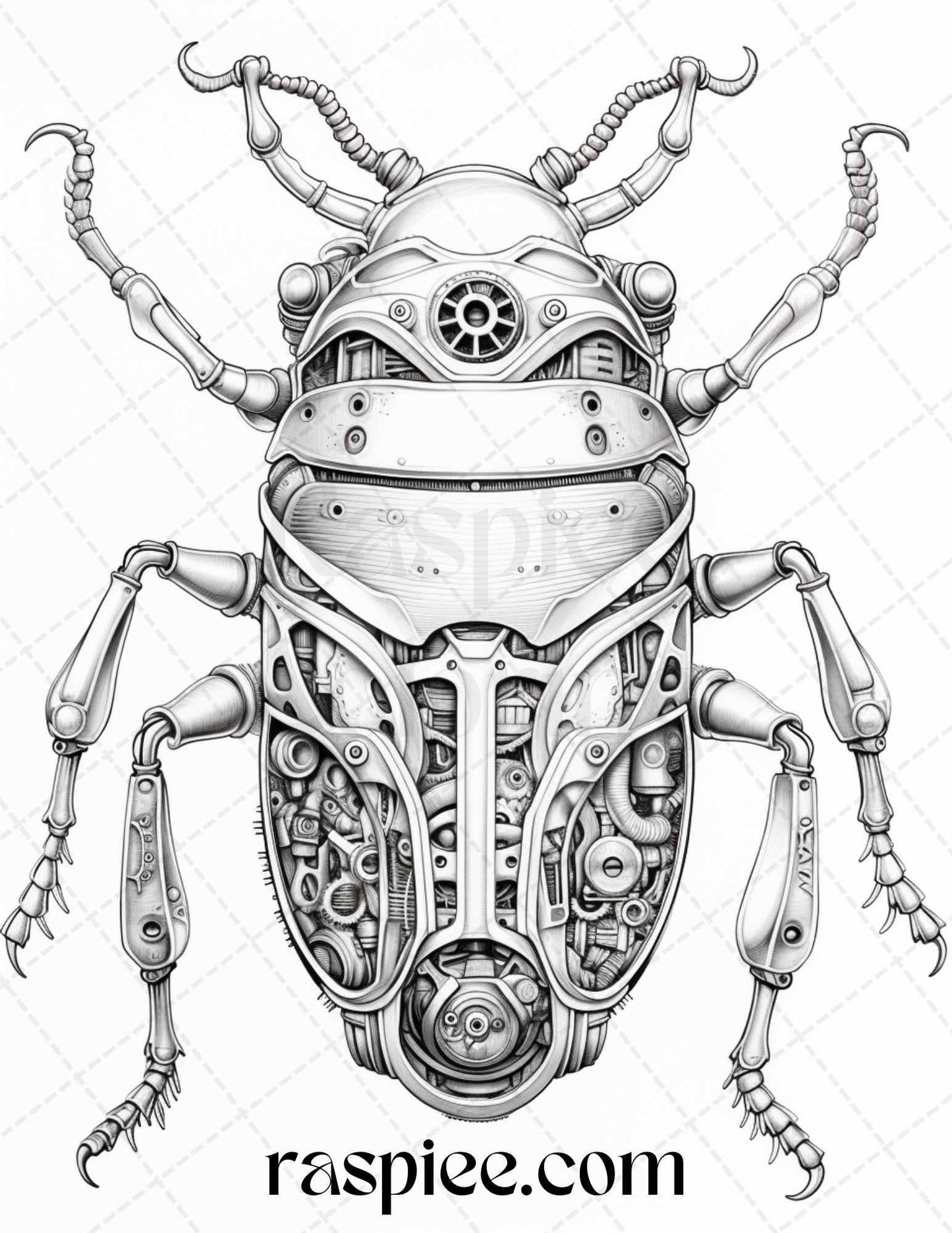 42 Steampunk Bugs Grayscale Coloring Pages Printable for Adults, PDF File Instant Download