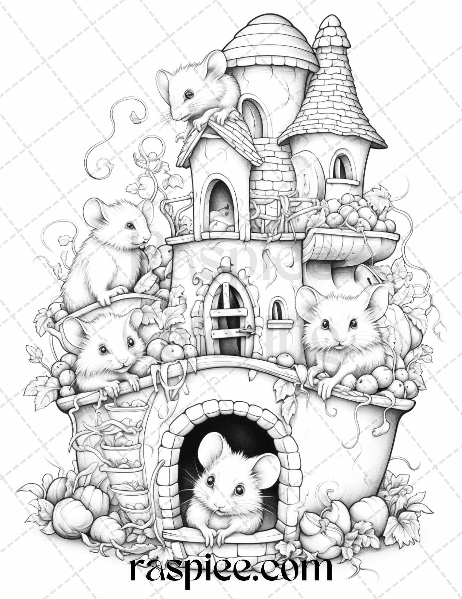 40 Magical Mouse Houses Grayscale Coloring Pages Printable for Adults, PDF File Instant Download