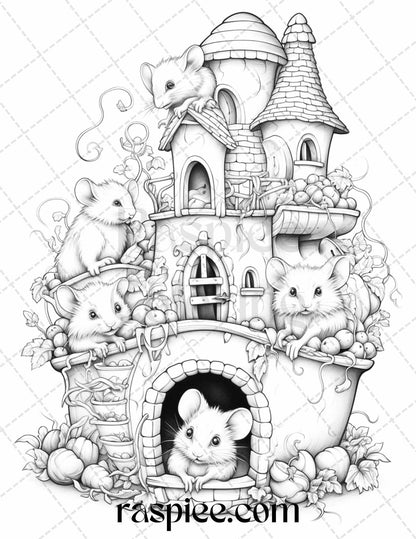 40 Magical Mouse Houses Grayscale Coloring Pages Printable for Adults, PDF File Instant Download