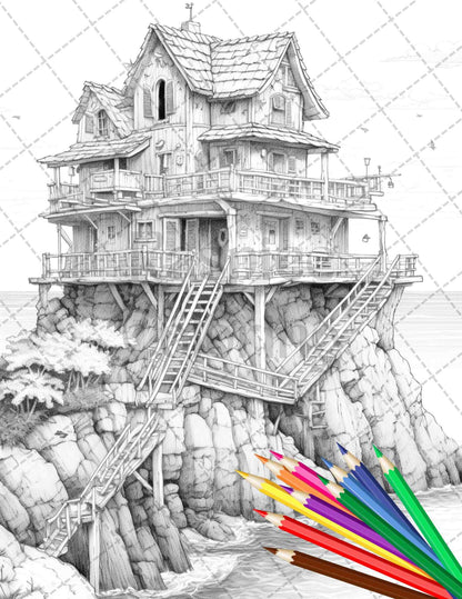 42 Wooden Beach Houses Grayscale Coloring Pages Printable for Adults, PDF File Instant Download