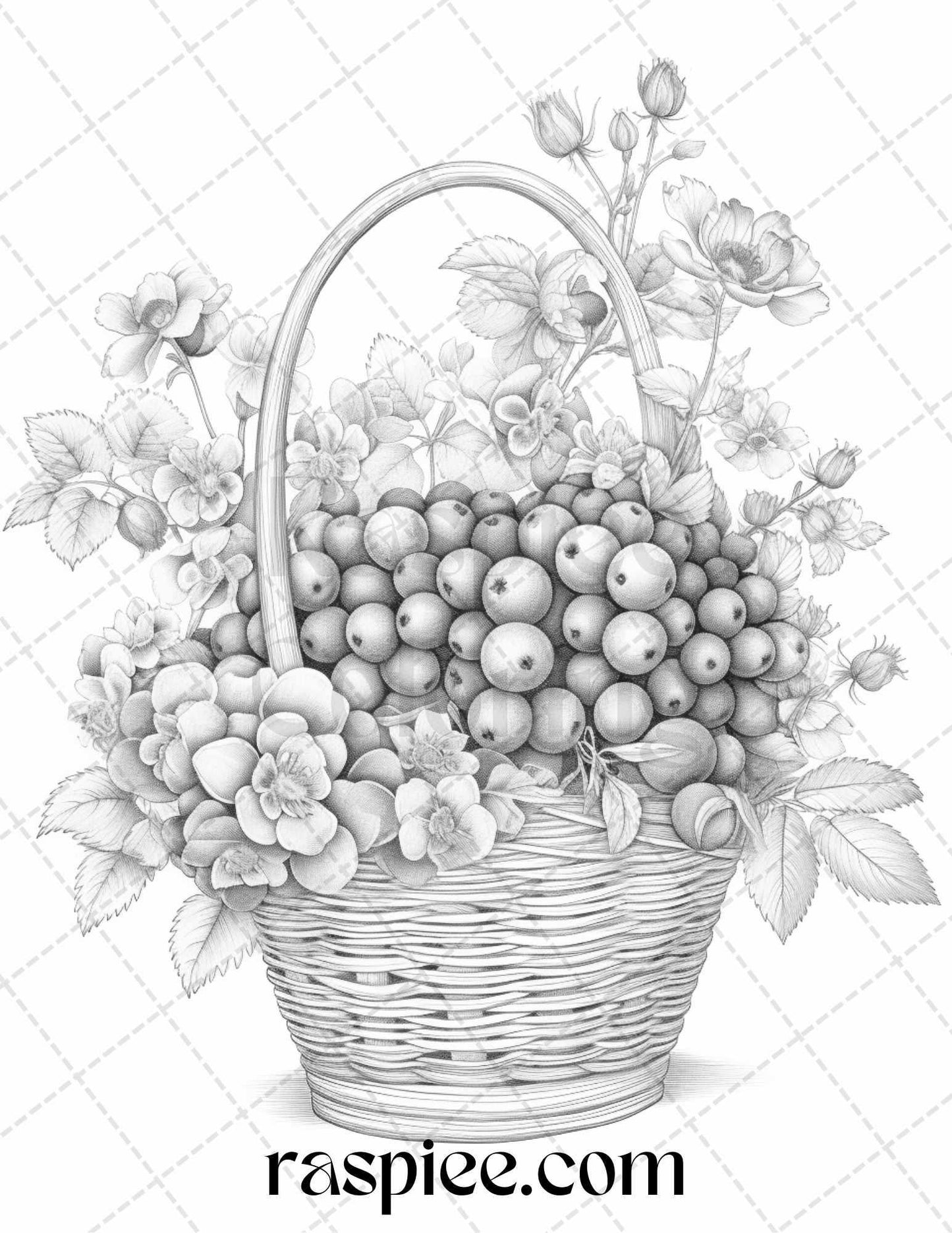 40 Fruit Basket Grayscale Coloring Pages Printable for Adults, PDF File Instant Download