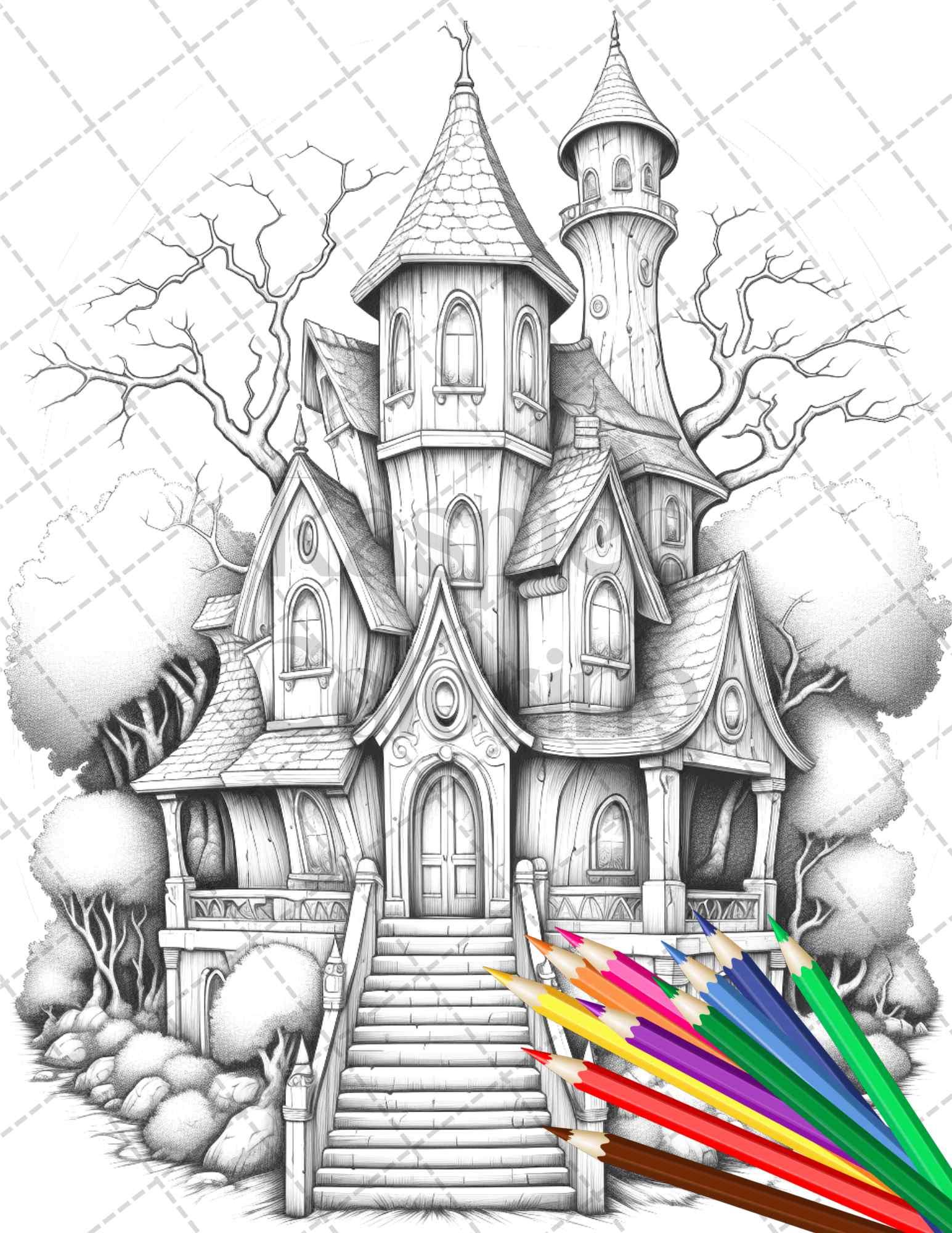 40 Creepy Gothic Houses Grayscale Coloring Pages Printable for Adults, PDF File Instant Download