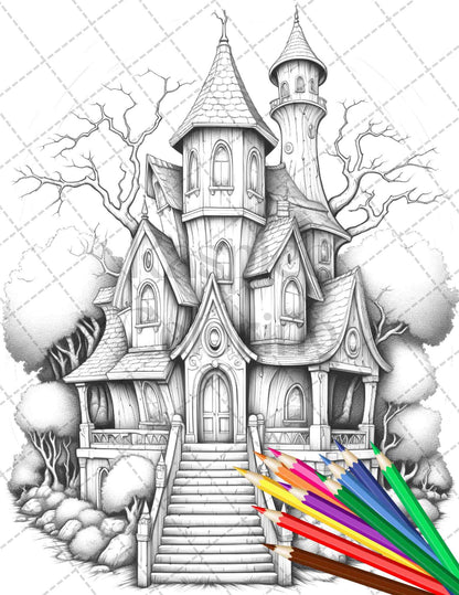 40 Creepy Gothic Houses Grayscale Coloring Pages Printable for Adults, PDF File Instant Download