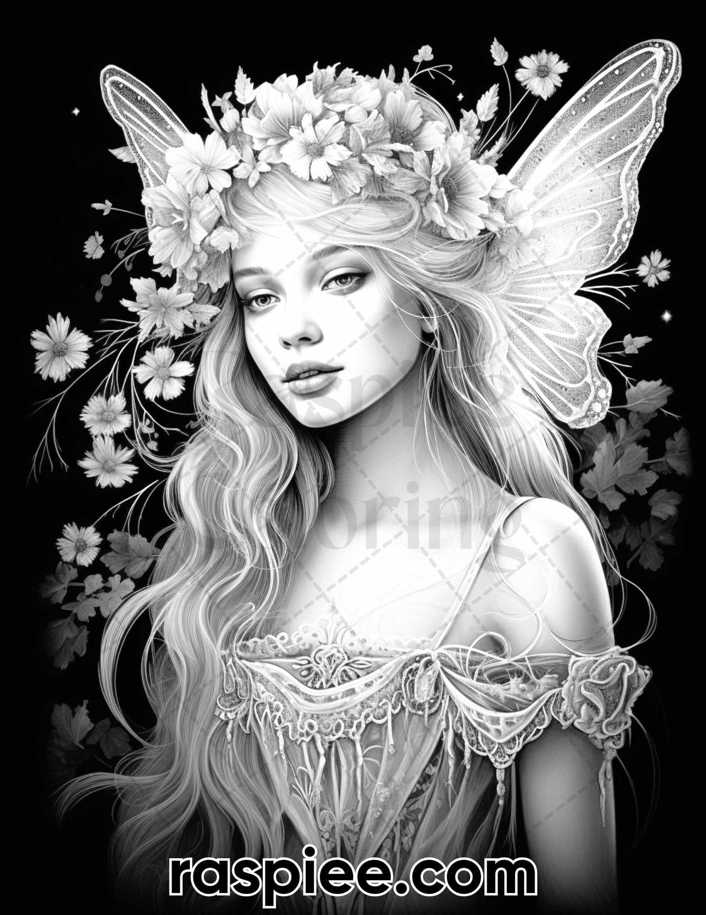 50 Starlight Fairy Grayscale Coloring Pages for Adults, Printable PDF File Instant Download