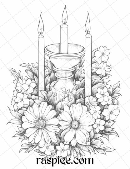 40 Flower Candles Grayscale Coloring Pages Printable for Adults, PDF File Instant Download