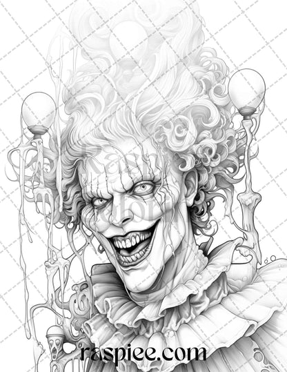 40 Spooky Clowns Grayscale Coloring Pages Printable for Adults, PDF File Instant Download