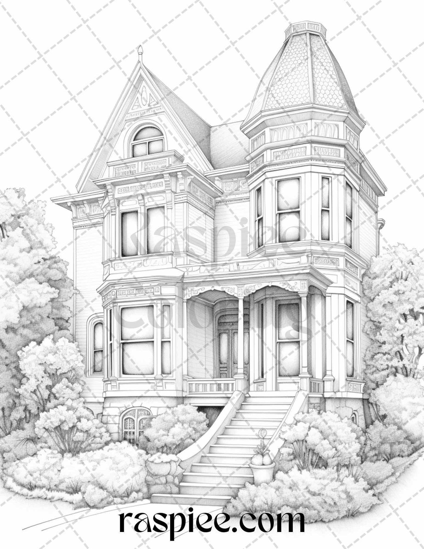 40 Victorian Houses Grayscale Coloring Pages Printable for Adults, PDF File Instant Download