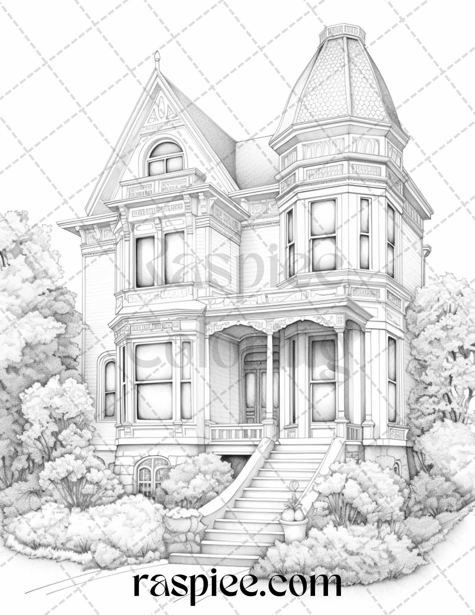 40 Victorian Houses Grayscale Coloring Pages Printable for Adults, PDF File Instant Download