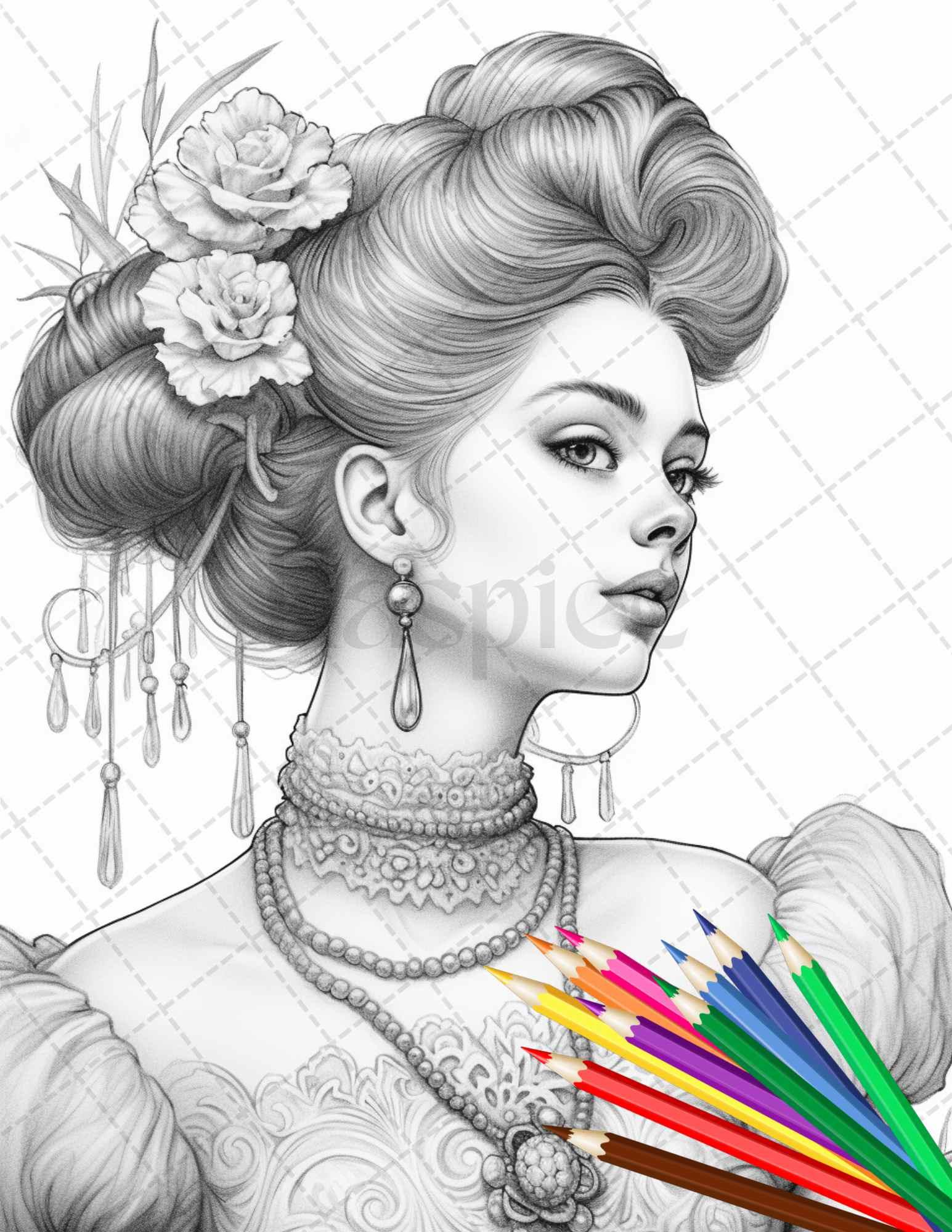 43 Beautiful Victorian Women Grayscale Coloring Pages Printable for Adults, PDF File Instant Download