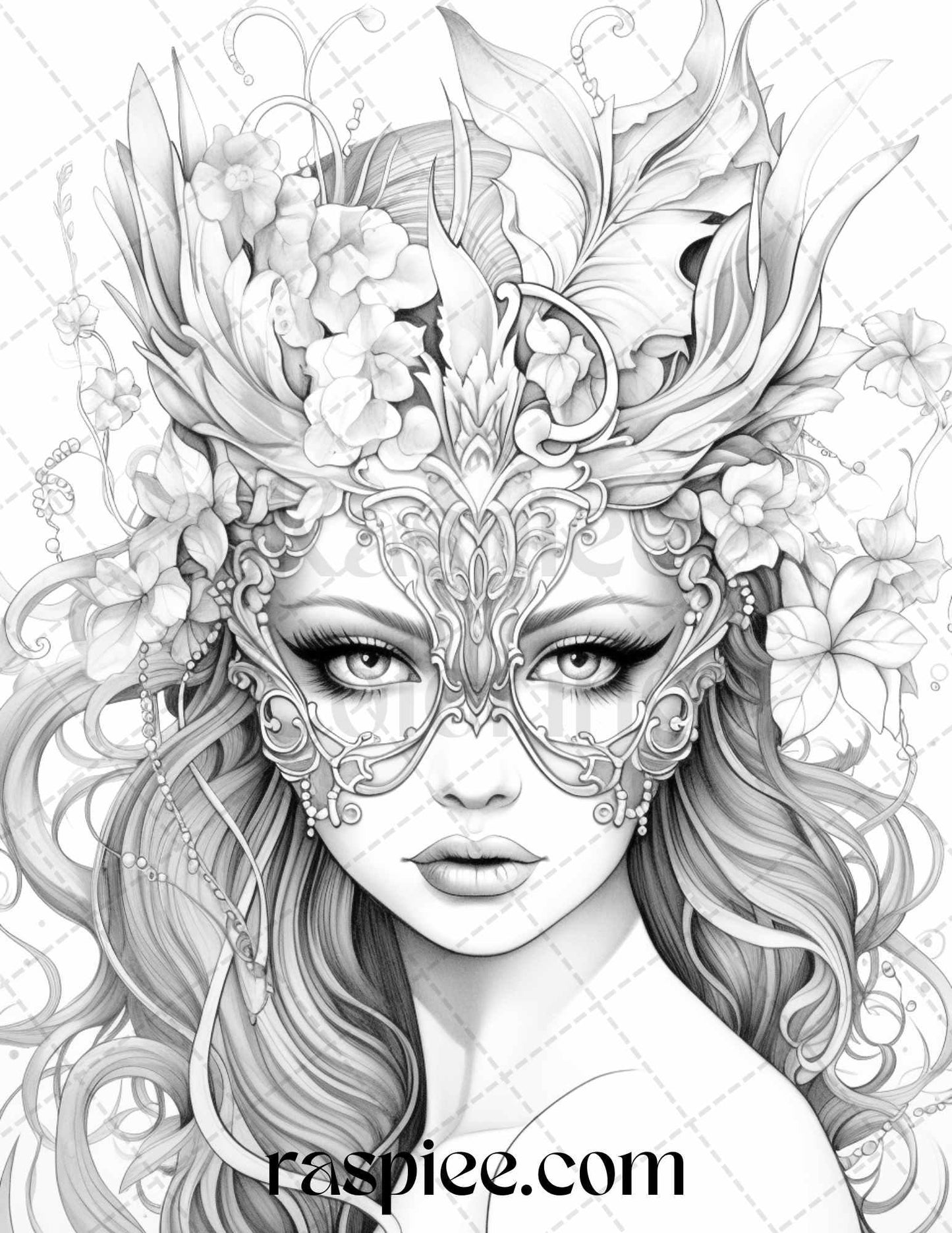 40 Masquerade Girls Grayscale Coloring Pages Printable for Adults, PDF File Instant Download