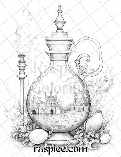 40 Mystical Magic Potions Grayscale Coloring Pages Printable for Adults, PDF File Instant Download