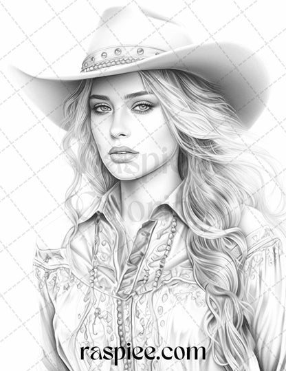 40 Beautiful Cowgirls Grayscale Coloring Pages Printable for Adults, PDF File Instant Download