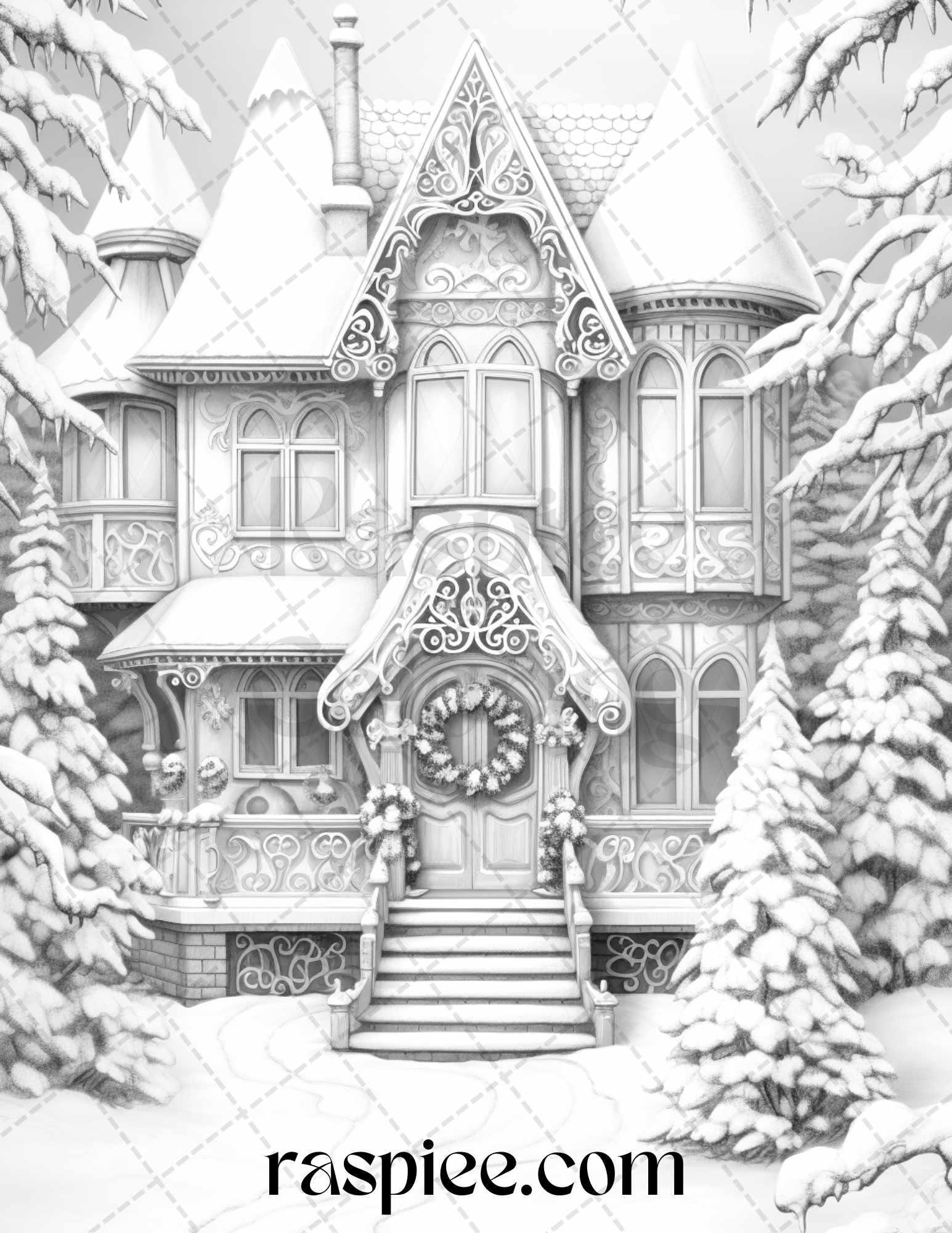 42 Fantasy Christmas Houses Grayscale Coloring Pages Printable for Adults, PDF File Instant Download