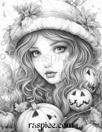 40 Pumpkin Fairy Girls Grayscale Coloring Pages Printable for Adults, PDF File Instant Download