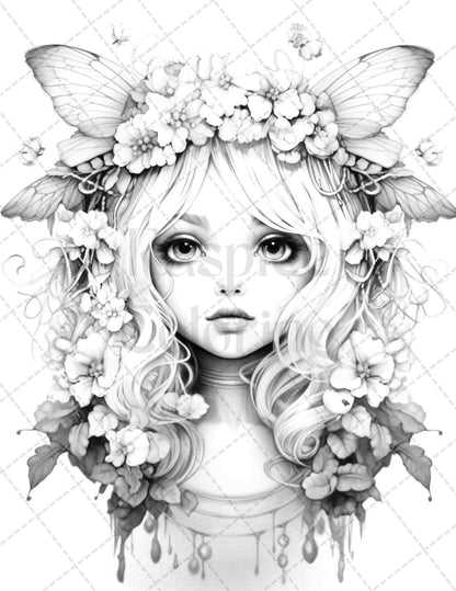 45 Adorable Chibi Fairy Grayscale Coloring Pages Printable for Adults, PDF File Instant Download