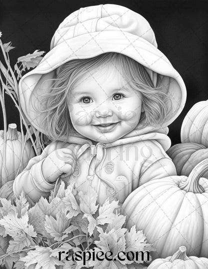 40 Pumpkin Babies Grayscale Coloring Pages for Adults and Kids, Printable PDF File Instant Download