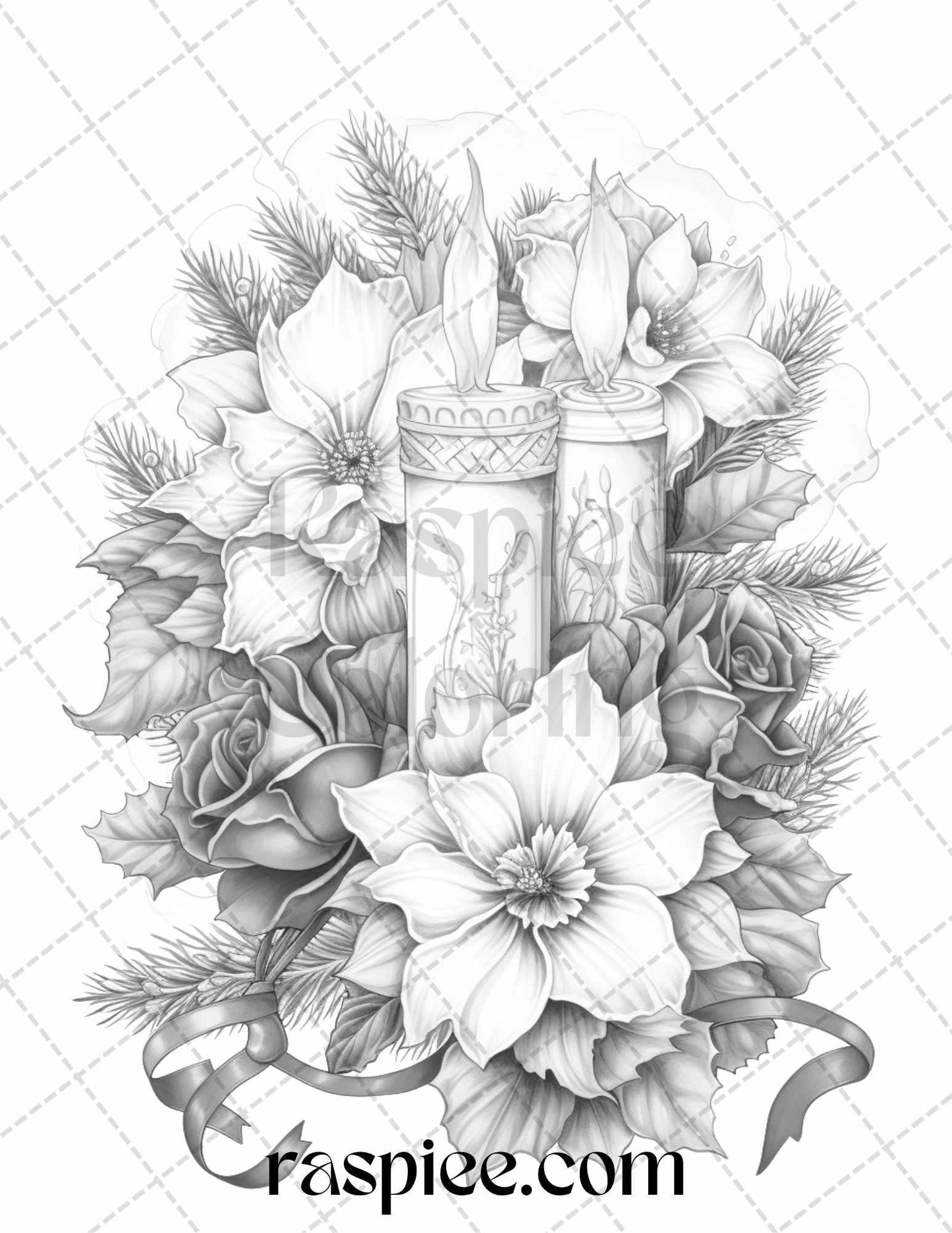 45 Christmas Flowers Grayscale Coloring Pages Printable for Adults, PDF File Instant Download