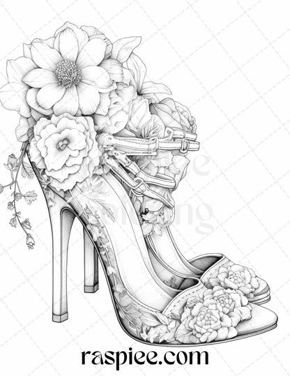 40 Flower Wedding Shoes Grayscale Coloring Pages Printable for Adults, PDF File Instant Download