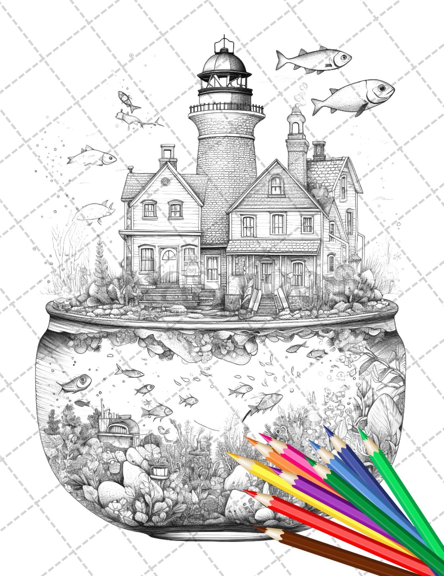 34 Fishtank Houses Coloring Book for Adults, Grayscale Coloring Page, Printable PDF Instant Download