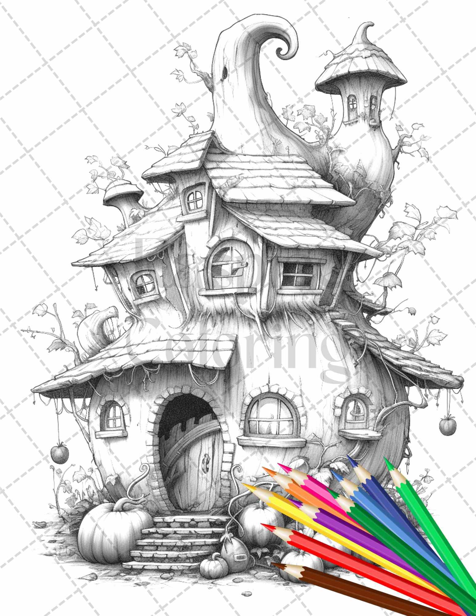 40 Pumpkin Fairy Houses Grayscale Coloring Pages Printable for Adults, PDF File Instant Download