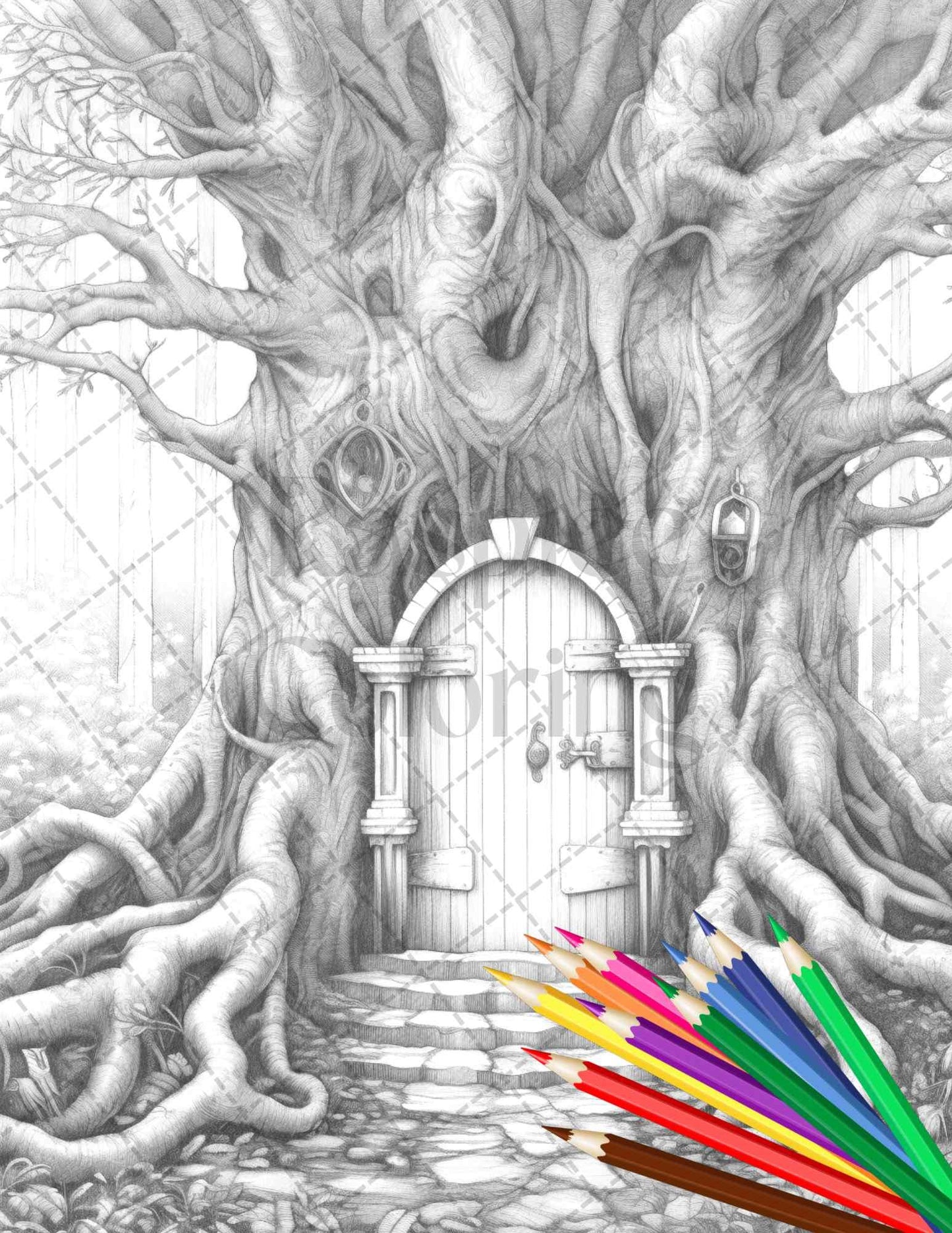 40 Magical Forest Gates Grayscale Coloring Pages Printable for Adults, PDF File Instant Download