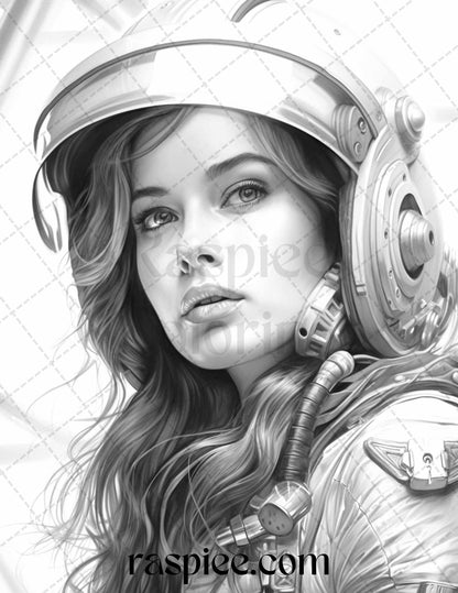 50 Astronaut Girl Portrait Grayscale Coloring Pages Printable for Adults, PDF File Instant Download