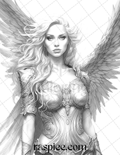 42 Enchanting Angels Grayscale Coloring Pages Printable for Adults, PDF File Instant Download