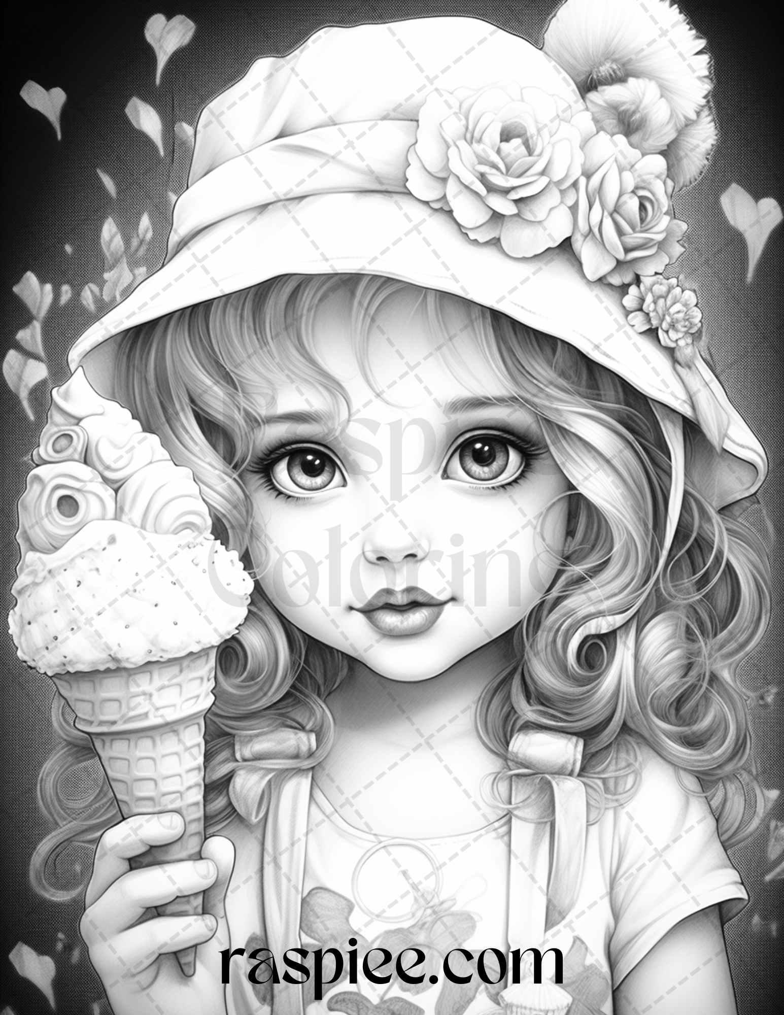 42 Adorable Girls with Ice Cream Grayscale Coloring Pages Printable for Adults Kids, PDF File Instant Download