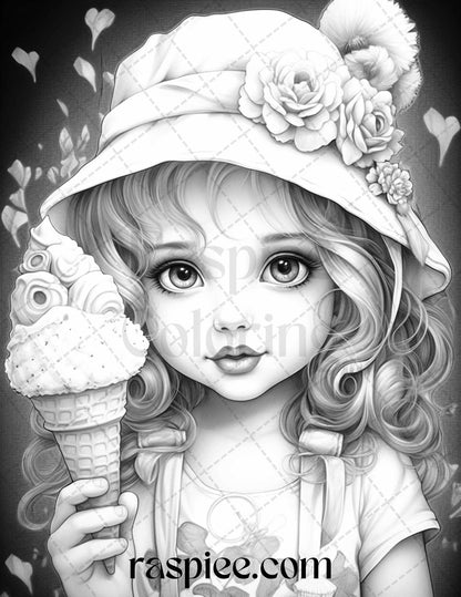 42 Adorable Girls with Ice Cream Grayscale Coloring Pages Printable for Adults Kids, PDF File Instant Download