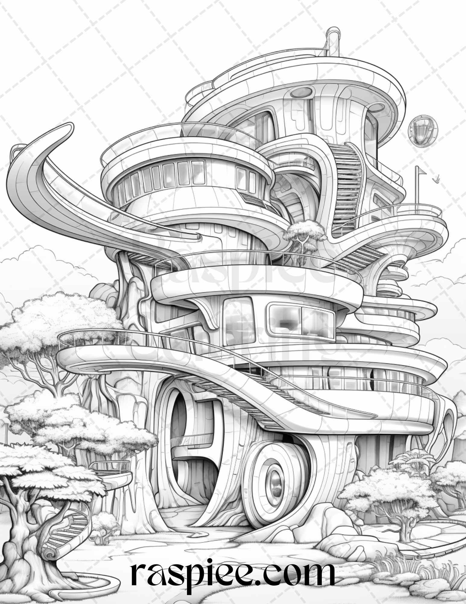 43 Futuristic Houses Grayscale Coloring Pages Printable for Adults, PDF File Instant Download