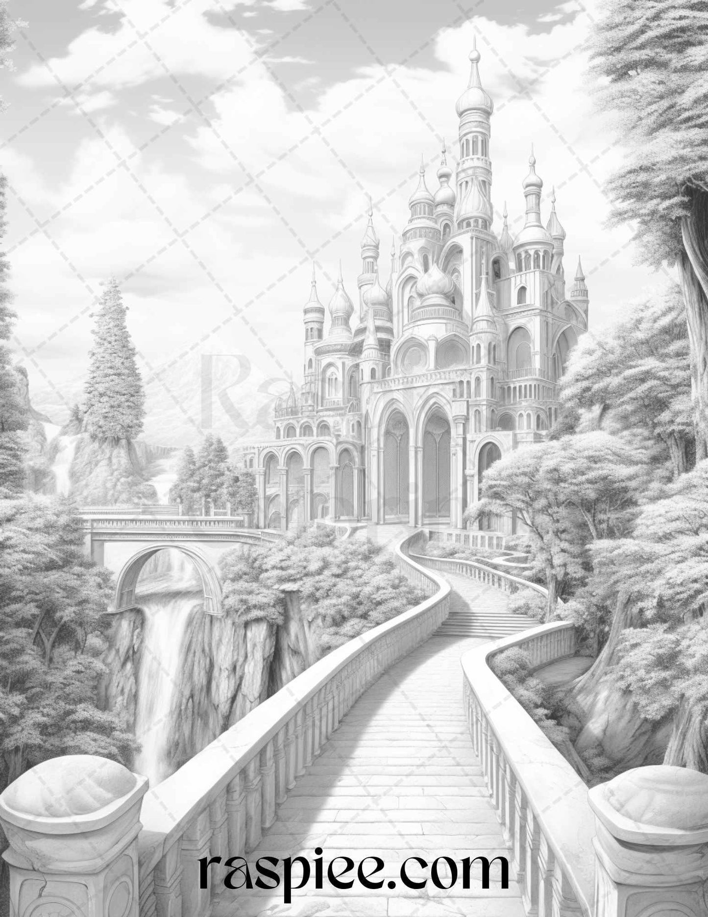 40 Fantasy Landscapes Grayscale Coloring Pages Printable for Adults, PDF File Instant Download