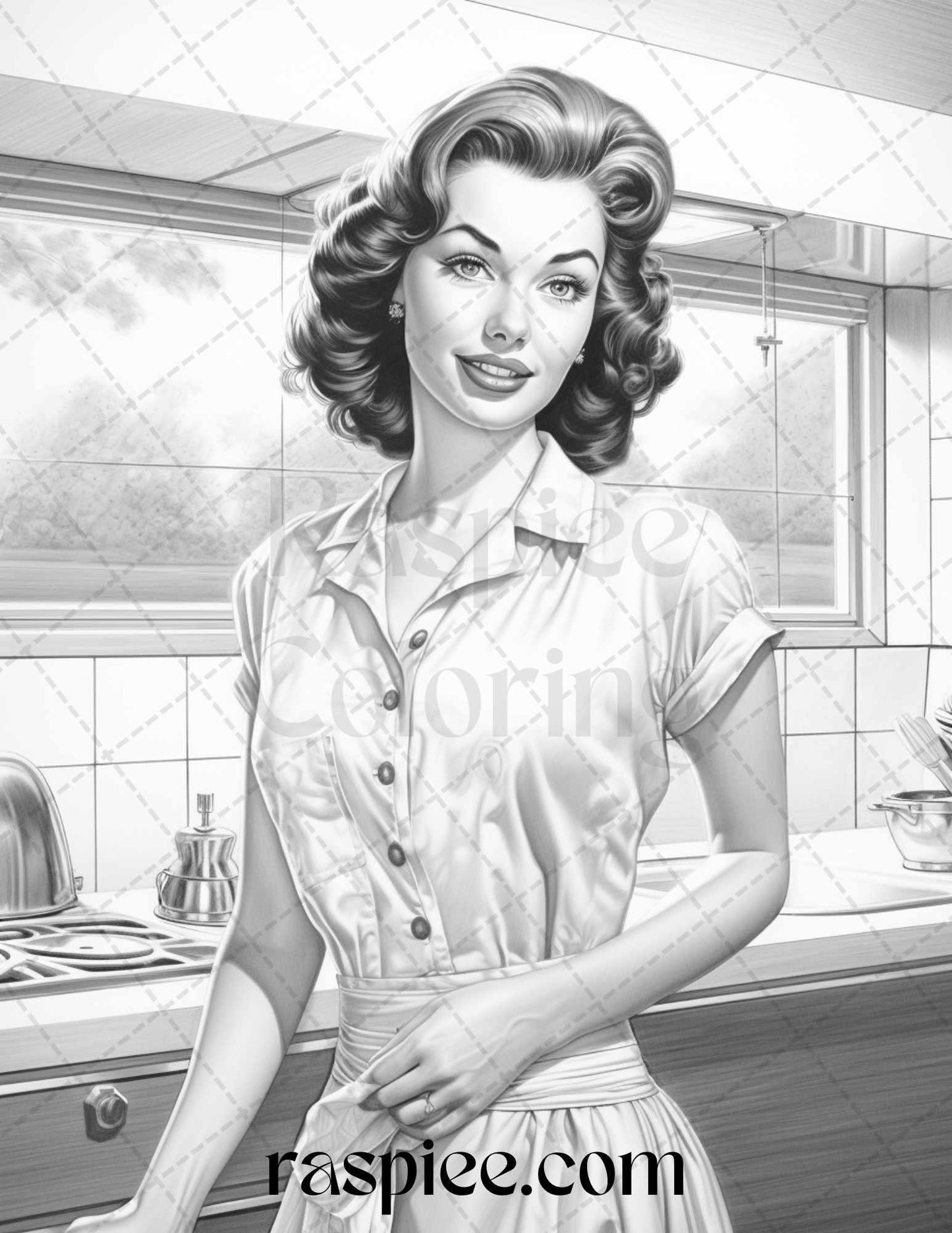 40 Retro Housewives Grayscale Coloring Pages for Adults, Printable PDF File Instant Download